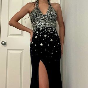 Black Halter top beaded and sequins dress with slit